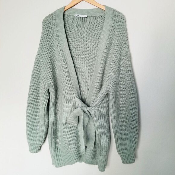 ZARA Sage Green Knit Wrap Tie Belt Cardigan M Sweater Chunky Knit Cozy Soft Long - Picture 6 of 16